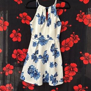 Blue Floral Dress w Halter V-Neck